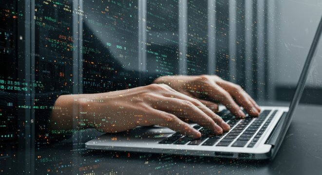 Double exposure of hands on laptop and data center with blinking lights and code stream - Powered by Adobe