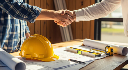 Construction Deal Handshake: Agreement on Building Plans