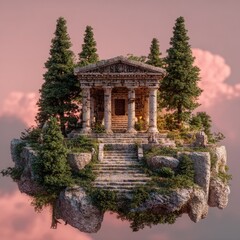 Temple, island, sunset, forest, clouds, sky, 3D render, fantasy, artwork, game
