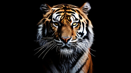 Fototapeta premium A tiger in a forest on a black background shows in the zoo, Portrait of a Tiger with a black background, Tiger with a black background