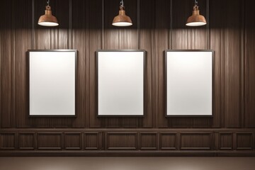 Empty gallery frames on dark wood