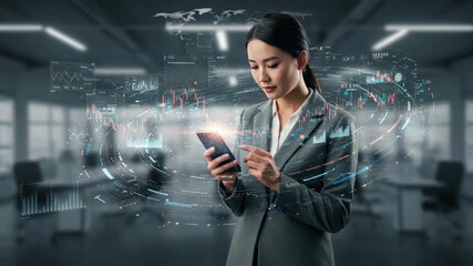 Woman in suit checking smartphone with virtual financial charts around her
- Powered by Adobe