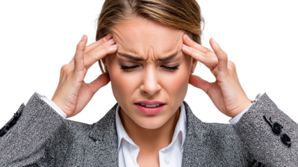 Woman with headache, distress expression on face, isolated background.