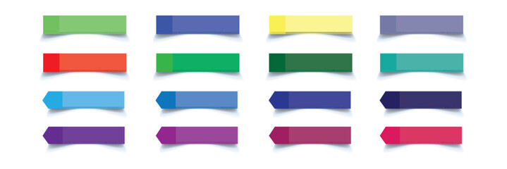Set of long thin paper stickers. Pointed bookmarks. Stick in notes. Green, purple, blue, red, yellow, orange, sky, pink pastel colors. Multicolor post it notes. Sheets of paper. Tag, sticky note.
