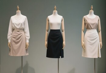 Female mannequin wearing a dress stands in a fashion store