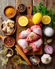 Raw Chicken Pieces with Spices and Ingredients on Wooden Surface
