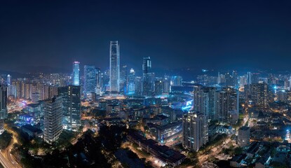 Naklejka premium Night cityscape panorama vibrant skyline, illuminated buildings, city lights, harbor view, urban development