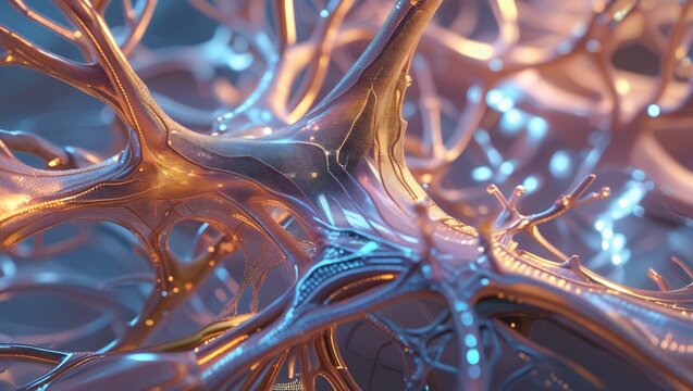 A stylized, close-up visualization of a neural network with glowing synapses, showing interconnected neurons transmitting signals.