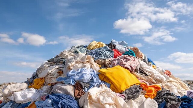 Textile Mountain: A vivid composition of discarded textiles forms a towering pile, contrasting against a dynamic sky, encapsulating waste, excess, and the environmental impact of fast fashion.