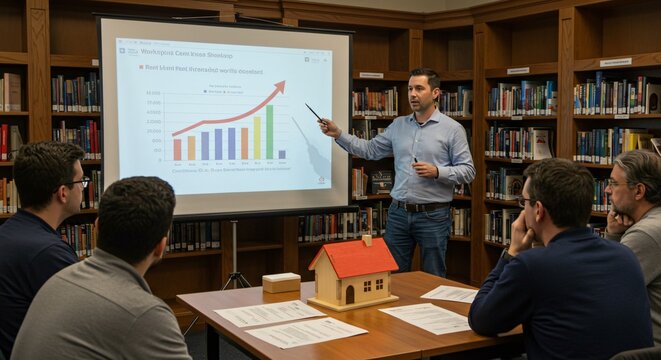 Business Presentation Team Analyzing Growth Charts in a Library Setting