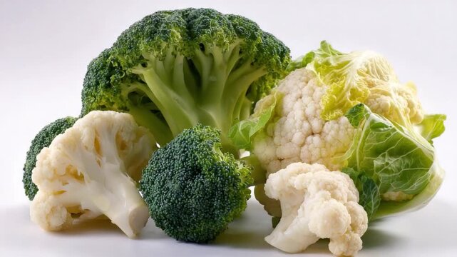 Fresh Broccoli and Cauliflower: A vibrant tableau showcasing freshly harvested broccoli and cauliflower florets, presenting a harmonious blend of textures and shades of green and white.