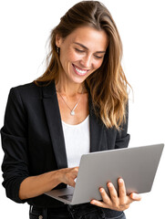 Smiling woman using laptop, isolated on white background.