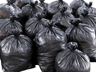 Trash bags full of waste, piled together on a white isolated background.