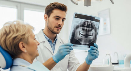 Fototapeta premium Dentist Explaining Dental X-ray to Patient in Modern Clinic