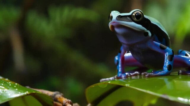 Vibrant blue and green frog on a leaf