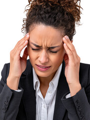 Woman experiencing stress and headache in professional attire, white isolated background