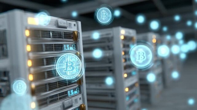Data Mining: A server farm illustrates cryptocurrency mining, symbolizing the digital frontier of currency