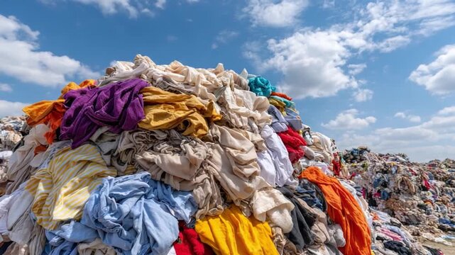 Pile of Colorful Clothes and the Sky: A vibrant pile of discarded clothes and textiles, a testament to consumption, contrasted against a blue sky with fluffy clouds