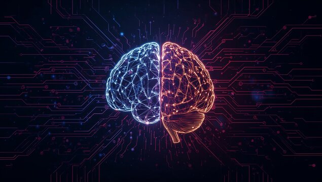 Left and Right Brain AI Concept on Neon Circuit Background