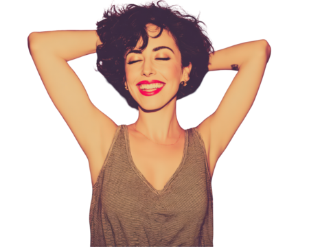 Joyful woman with short curly hair and red lipstick smiling with eyes closed and hands behind her head.