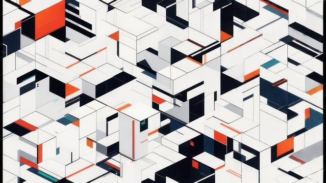 Dynamic Isometric Labyrinth of White, Black, and Orange Architectural Forms