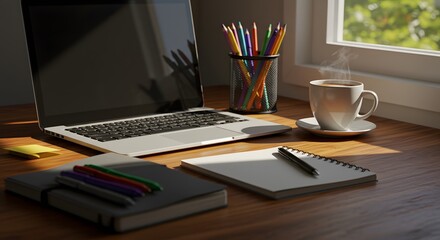 A cozy home office setup with a laptop, steaming coffee, and notebooks on a wooden desk by a window.