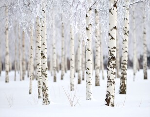 Snowy birch forest scene; slender trunks,  deep snow
