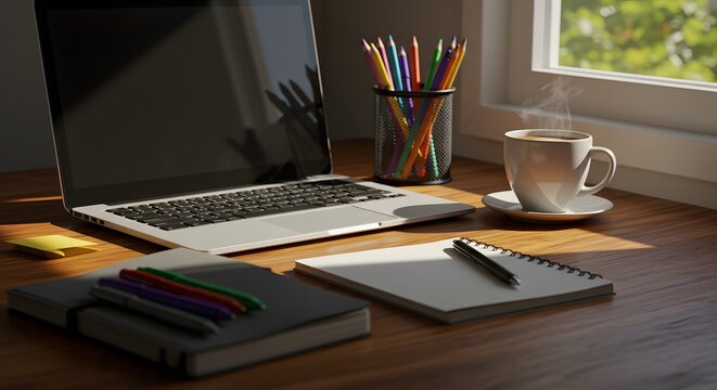 A cozy home office setup with a laptop, steaming coffee, and notebooks on a wooden desk by a window.