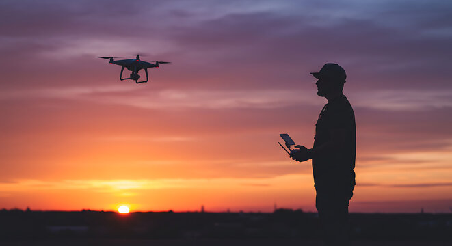 Silhouette of man flying drone with remote control at colorful sunset, soft focus - Powered by Adobe
