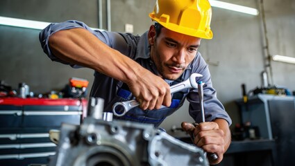 Mechanic wearing hard hat tightens bolt on engine with wrench in workshop area