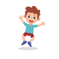 Happy young boy jumping with excitement and a big smile, cartoon illustration