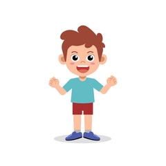 Happy Young Cartoon Boy Standing with Cheerful Smile and Fists Clenched