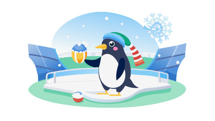 Obraz premium Cute winter penguin cartoon vector illustration with snow and hat for holiday season design and decoration