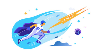 Baseball player superhero running fast with lightning bolt and cape vector illustration design art