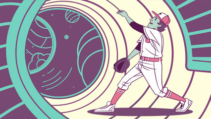 Baseball player pitching illustration for sports graphic design and athletic team branding and baseball art print design