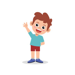 Happy Cartoon Boy Waving Hand and Smiling on White Background