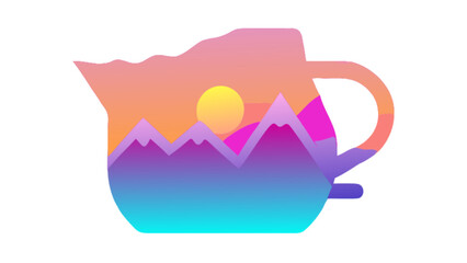 Obraz premium Teapot mountain landscape vector art illustration with sunrise gradient background for tea lovers design 100