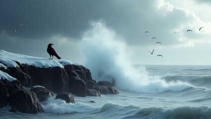Lone raven perched on snowy cliff overlooking crashing ocean waves