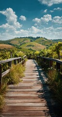 Wooden path leads to vineyard hills under sunny sky