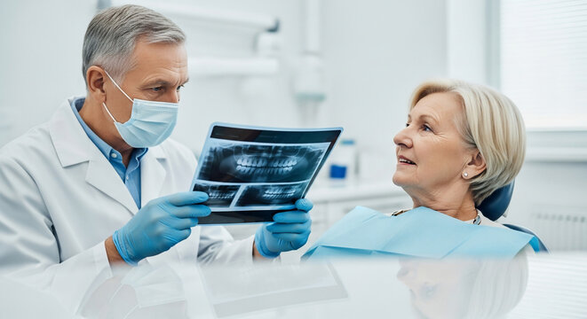 Professional Dentist Explains Tooth X-ray to Mature Female Patient in Clinic
