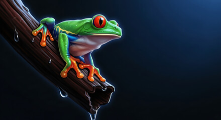 Detailed illustration of a colorful red-eyed tree frog on a dripping branch against a dark blue background.