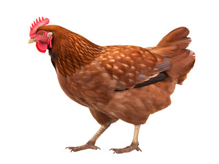 Fototapeta premium Brown feathered hen with red comb, a classic farm animal, perfect for illustrating poultry farming or healthy eating on transparent background