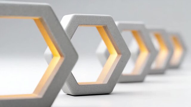 Illuminated Hexagons: A sequence of modern, interconnected hexagon-shaped lamps casting a warm, inviting glow, perfect for contemporary interior design, geometric precision.