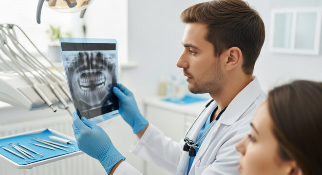 Dentist Examining Patient's Dental X-ray for Diagnosis in Modern Clinic - Powered by Adobe