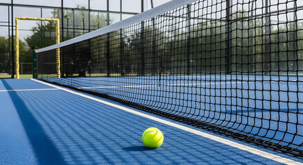 Yellow ball on floor behind paddle net in blue court outdoors. Padel tennis