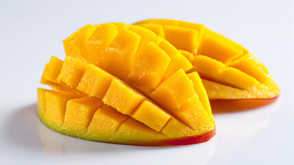 Juicy ripe mango slices neatly cut ready to eat a tropical delight