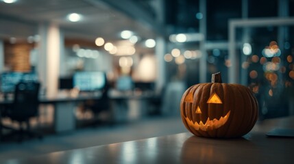 Halloween pumpkin with carved face on office desk at night, banner with copy space