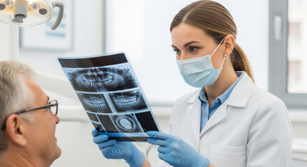 Female Dentist Explaining Dental X-ray to Senior Patient in Clinic