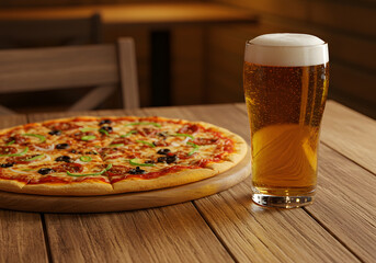 Pizza and Beer Delicious Pizza Pie with a Pint of Beer on a Wooden Table in a Restaurant.