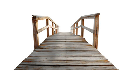 Fototapeta premium A wooden boardwalk ramp leading up to a beach house entrance, isolated on a Transparent background